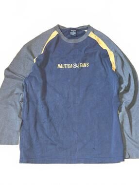 Vintage Nautica Jeans Embroidered Long Sleeve Shirt Men's Large Blue Yellow Y2K